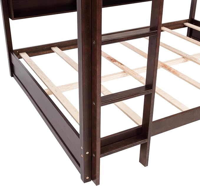 RUNNA Unique Queen Over Queen Bunk Bed with Storage&Charging Station,Brwon | Queen Over Queen Bunk Bed with Storage&Charging Station,Space-Saving Design Solid Wood Bunk Bed for Adults/Teens