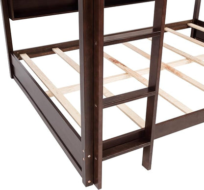 RUNNA Unique Queen Over Queen Bunk Bed with Storage&Charging Station,Brwon | Queen Over Queen Bunk Bed with Storage&Charging Station,Space-Saving Design Solid Wood Bunk Bed for Adults/Teens