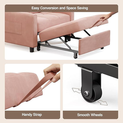 Ahomly Convertible Sleeper Chair Sofa Bed with 3-in-1 Design, Adjustable Backrest, and Storage Pocket for Living Room, Pink