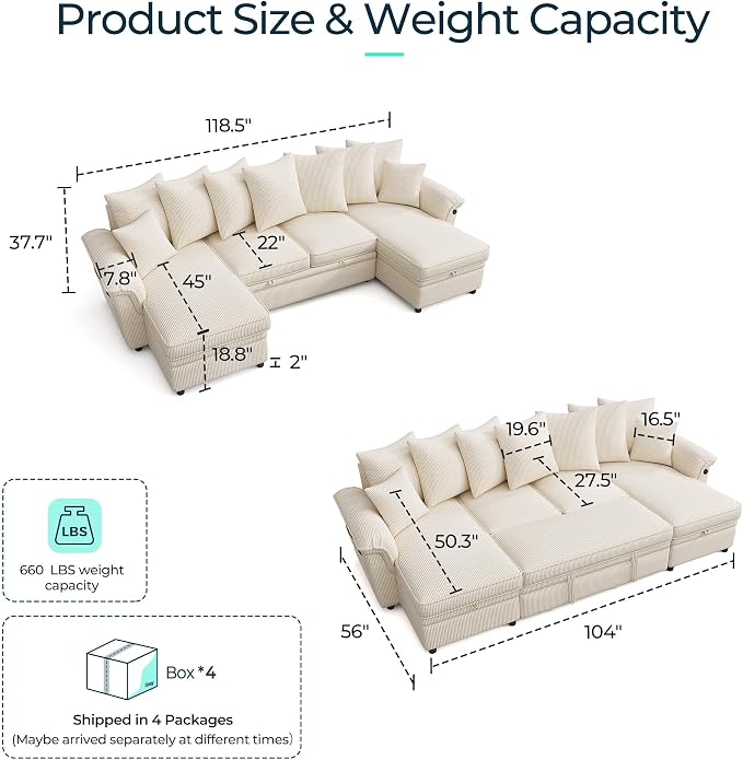 LINSY HOME Oversized Sectional Sleeper Sofa with Pull Out Couch Bed (Beige, 118.5'') | USB Charging