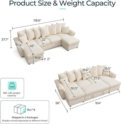 LINSY HOME Oversized Sectional Sleeper Sofa with Pull Out Couch Bed (Beige, 118.5'') | USB Charging