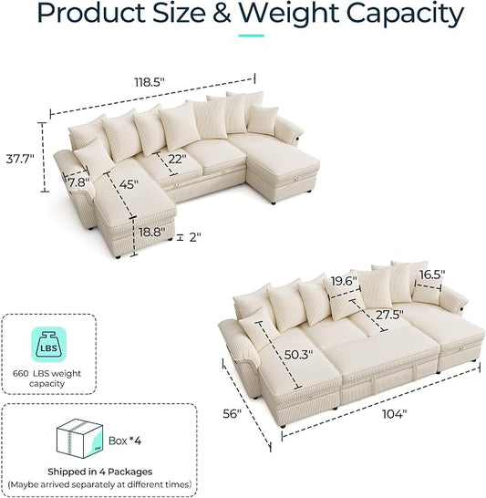 LINSY HOME Oversized Sectional Sleeper Sofa with Pull Out Couch Bed (Beige, 118.5'') | USB Charging