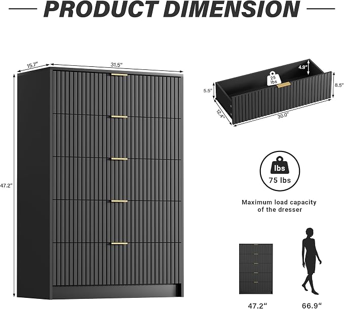 Furniway Black Dresser for Bedroom, Modern Dresser with 5 Drawers and Smooth Slides, Wide Chest of Drawers with Golden Handles for Bedroom, Living Room, Closet, 15.7" D x 31.5" W x 47.2" H