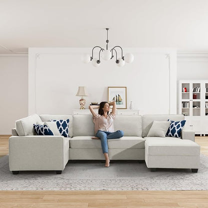 Legend Vansen Oversized Modular Sectional Sofa,U/L‑Shaped Reversible Couch with Ottoman,Deep Seat Plush Polyester Sofa for Living Room,6‑Seater,Cream
