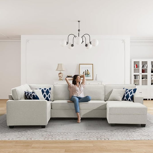Legend Vansen Oversized Modular Sectional Sofa,U/L‑Shaped Reversible Couch with Ottoman,Deep Seat Plush Polyester Sofa for Living Room,6‑Seater,Cream