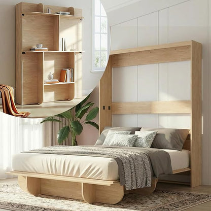CECER Vertical Murphy Bed Queen，Save Space for Offices/Guest-Natural Wood | Multi-Functional Queen Murphy Cabinet Beds with Storage Shelf/Bookshelf，Sturdy frame ＆ Easy Assemble