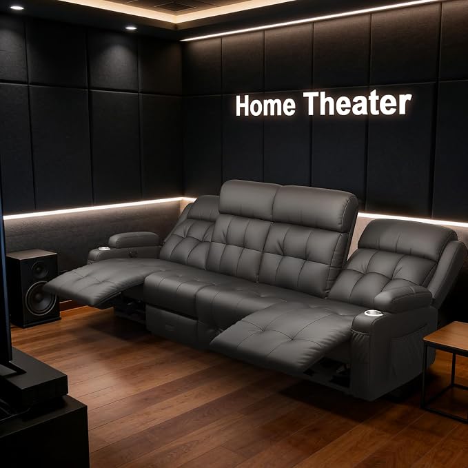 Reclining Couch, 113" PU Leather Sofa Recliner with Massage - 4 Seat Home Theater Seating Comfy Soft, Manual Wall Hugger Reclining with Lumbar Support Sofa Set for Family Living Room, Dark Gray