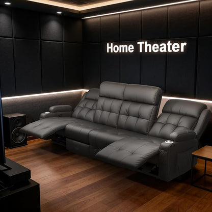 Reclining Couch, 113" PU Leather Sofa Recliner with Massage - 4 Seat Home Theater Seating Comfy Soft, Manual Wall Hugger Reclining with Lumbar Support Sofa Set for Family Living Room, Dark Gray