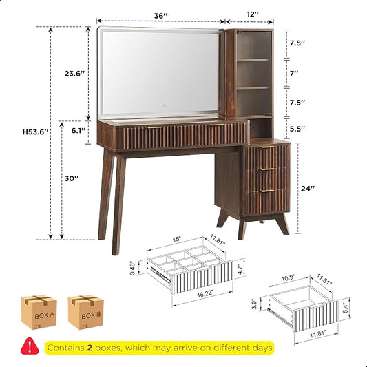 T4TREAM 48" Fluted Makeup Vanity Desk with Large 36" Mirror and Lights, Modern Glass Top Big Vanity Table w/5 Drawers & Adjustable Shelves, Dressing Table w/Charging Station for Bedroom, Dark Walnut