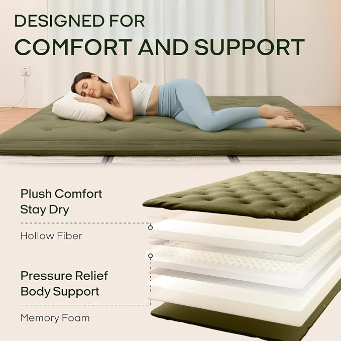 ZonLi Japanese Floor Futon Mattress King Size 76"x 80",100% Cotton Cover 4'' Thicken Tatami Mattress,Foldable Sleeping Pad,Portable Dormitory Tatami Mat(Winter Moss)