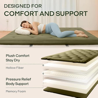 ZonLi Japanese Floor Futon Mattress King Size 76"x 80",100% Cotton Cover 4'' Thicken Tatami Mattress,Foldable Sleeping Pad,Portable Dormitory Tatami Mat(Winter Moss)