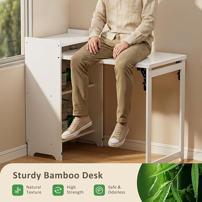 Bamboo Folding Desk for Small Spaces with Storage, Foldable Mid Century Modern Drop Leaf Desk, Vintage Fold Out Hideaway Small Desks for Bedroom or Home Office, White