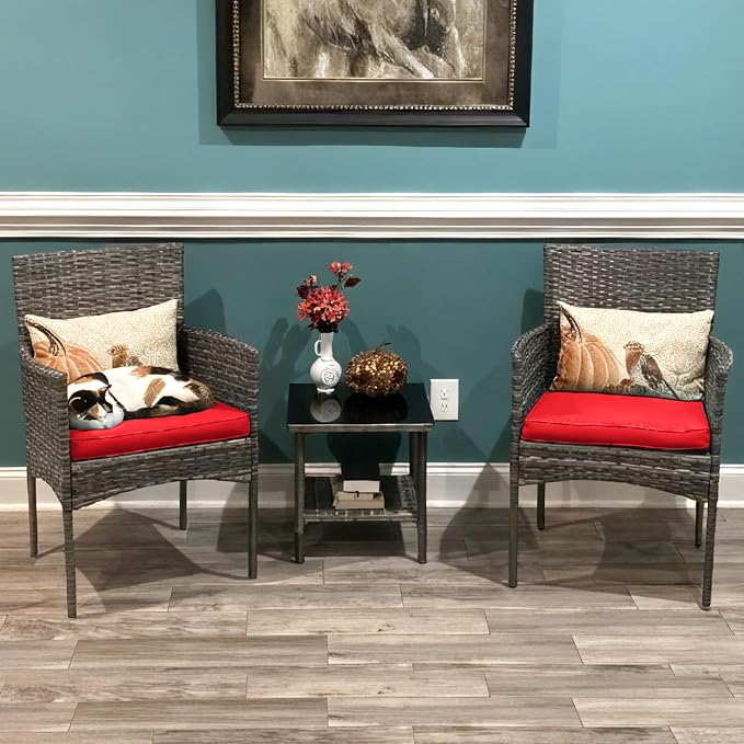 FDW | 3-Piece Patio Furniture Set | Gray & Red | Outdoor Wicker Furniture with Coffee Table | Modern Rattan Chairs Conversation Set | Outdoor Seating | Weather-Resistant | for Porch, Garden, Lawn