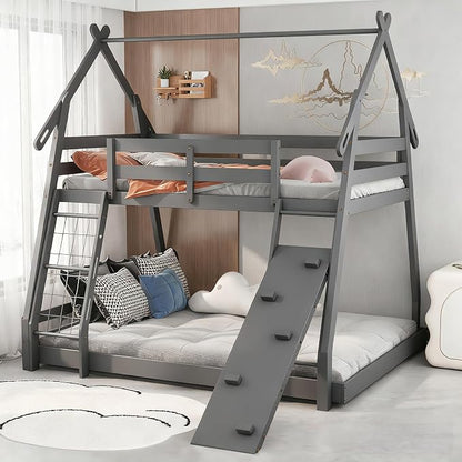 KOTEK Twin Over Queen Bunk Bed, House Bunk Beds with Climbing Nets and Ramp, No Box Spring Needed, Solid Wood Low Bunk Bed Frame for Kids Boys Girls (Grey)