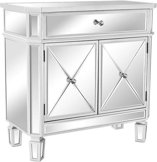 VINGLI Mirrored Cabinet, Mirrored Nightstand, Mirrored Dresser Accent Chest, Large Mirror Nightstand with 1 Drawer and Two Doors, 27.5”W x 13.4”D x 26.5”H, Mirror