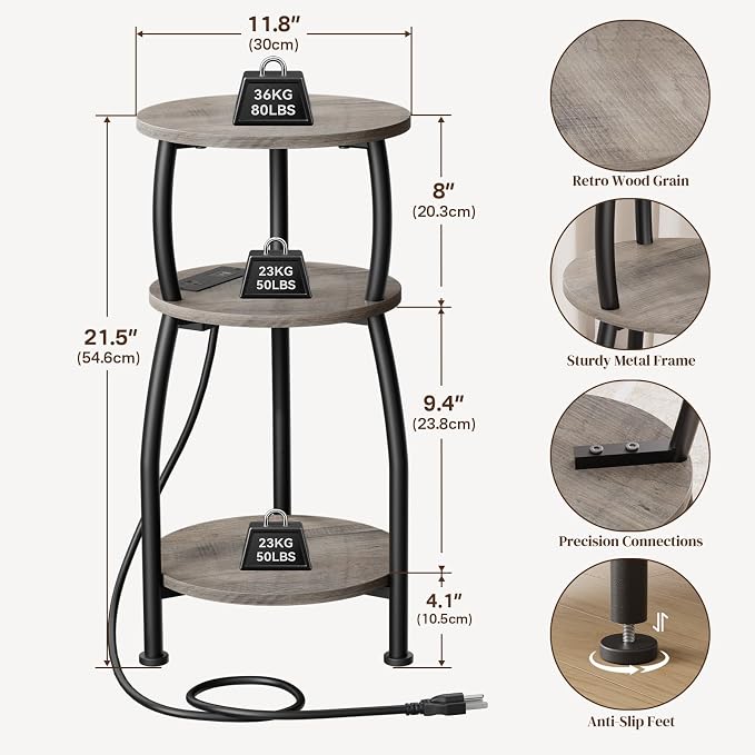 Round Side Table with Power Outlet & USB Ports, 3-Tier End Table with Storage Shelf, Modern Rustic Nightstand, Small Spaces Accent Table for Living Room Bedroom, Easy Assembly, Grey