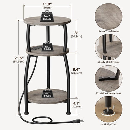 Round Side Table with Power Outlet & USB Ports, 3-Tier End Table with Storage Shelf, Modern Rustic Nightstand, Small Spaces Accent Table for Living Room Bedroom, Easy Assembly, Grey