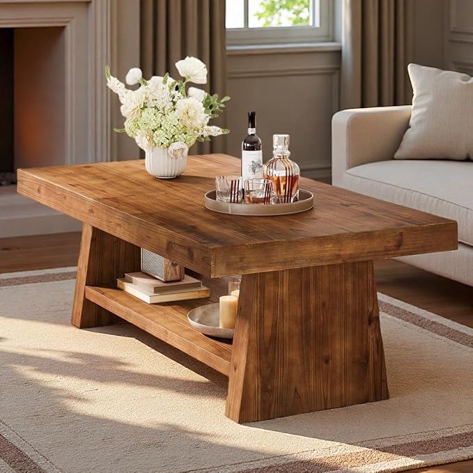 Solid Wood Coffee Table, 47-Inch Farmhouse Wooden Coffee Table for Living Room, 2-Tier Rectangular Center Table with Storage for Apartment, Home Office, Dark Brown