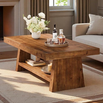 Solid Wood Coffee Table, 47-Inch Farmhouse Wooden Coffee Table for Living Room, 2-Tier Rectangular Center Table with Storage for Apartment, Home Office, Dark Brown