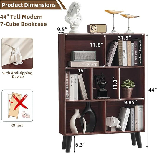 LEYAOYAO 7 Cube Bookshelf 3-Tier Bookcase with Legs, Mint-Walnut Kids Book Shelf Cute Storage Organizer, Toy Shelves Bookshelves,Wood Display Bookcases