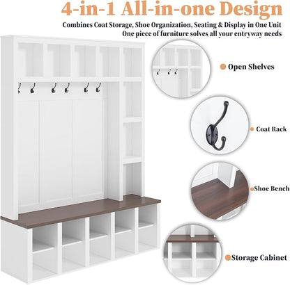 Hall Tree with Bench and Shoe Storage,Shoe and Coat Rack with Drawer and Hooks,Farmhouse Furniture for Entryway,Mudroom,Living Room,Black (White, 59.2")