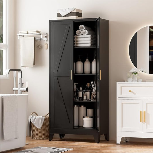 61" Black Metal Storage Cabinet, Farmhouse Pantry Cabinet with 2 Vintage Barn Doors and 3 Adjustable Shelves, Rustic Freestanding Cupboard for Kitchen,Home Office Living Room,Dining Room