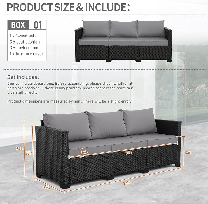 Rattan Star Patio Furniture Outdoor Couch Wicker Outdoor Furniture Patio Couch Deep Seat Sofa High Backrest with Waterproof Cover and Non-Slip Cushions, Grey