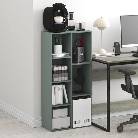Furinno LUDER Book Shelf, 7-Cube Bookshelf, Bookcase with Open Shelves, 9.4 x 19.5 x 41.7, Easy Assembly, for Living Room, Bedroom, Home Office, Sage Green
