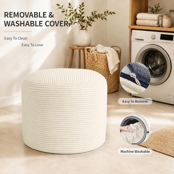 Stuffed Pouf Ottoman Foot Rest with 2.8-inch Solid Foam Base | Odorless Filling Resists Clumping, Washable Corduroy Cover, Round Foot Stool for Living Room Couch Lounging and Home Decor