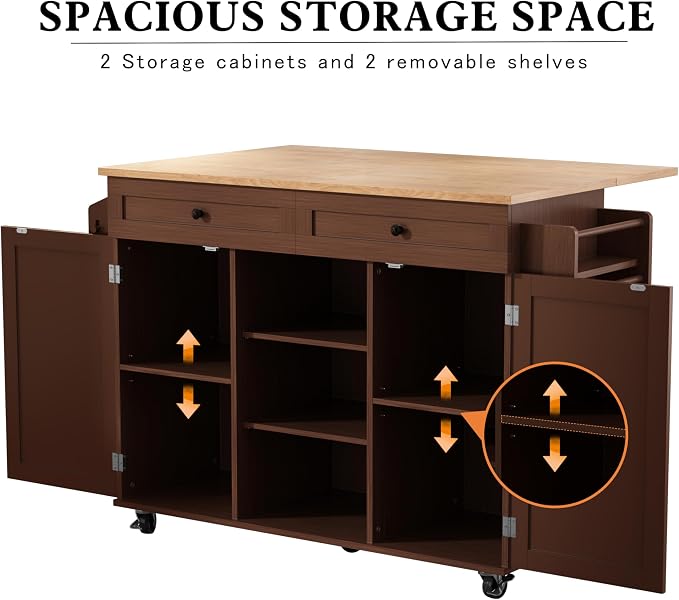 HLR Kitchen Island On Wheels, Brown Rolling Kitchen Island Cart with Solid Wood Drop Leaf Breakfast Bar, Barn Door Kitchen Islands with Storage Cabinet and Tower Rack, Island Table for Kitchen