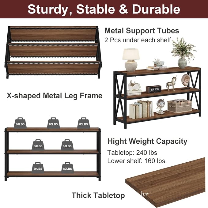 FATORRI Console Table for Entryway, 55 Inch Modern Entry Table with 3 Tier Shelves, Couch Tables Behind Sofa for Living Room (Medium Walnut)