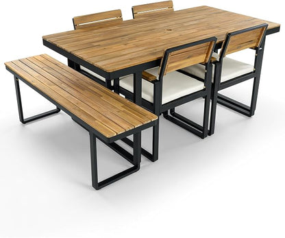 Quarte 6-Piece Outdoor Dining Set with 1 Acacia Wood Table and 4 Chairs & 1 Bench, Adjustable Feet for Patio, Garden, Backyard Family Meals BBQ Parties (Beige-AA)