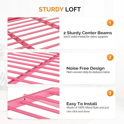 VINGLI Queen Loft Bed with Flat Rungs for Adults, Kids and Young Teens, No Box Spring Required,Heavy Duty Metal Slat Support, Pink