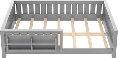 Bellemave Full Size Floor Bed with high Rails and with Built-in Bookshelf for Kids, Girls, Boys, Wood Montessori Floor Bed Without Door, Gray