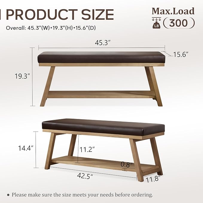 Zihanhome 45" Entryway Bench Upholstered Storage Bench for Bedroom Shoe Rack Bench for Living Room, Hallway, Mudroom, Balcony, Sturdy Indoor Bench Seat Holds Up to 300 lbs (PU-Brown)