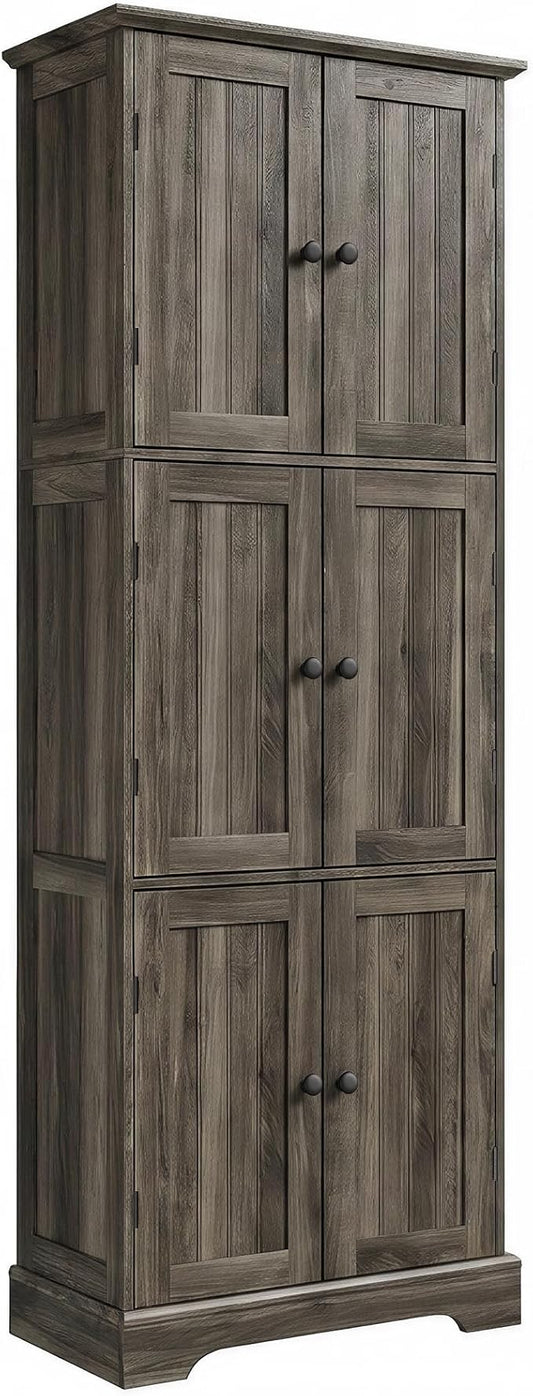 ChooChoo Tall Bathroom Storage Cabinet with 6 Doors, Freestanding Floor Cabinet with Adjustable Shelves, Rustic Weathered Gray Pantry Cabinet for Bathroom, Kitchen, Laundry Room