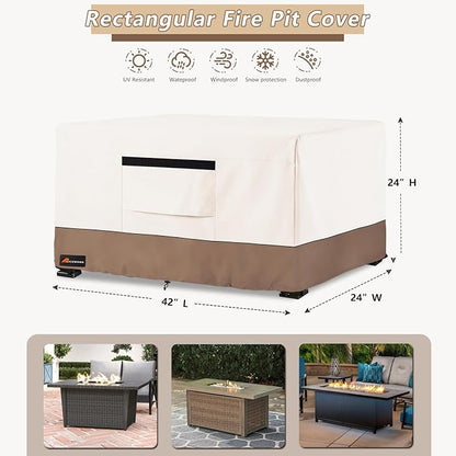 Fire Pit Cover Rectangular, Outdoor Heavy Duty 600D 100% Waterproof Tear-Resistant 42 Inch Fire Table Cover Rectangle, Patio Gas Fire Pit Table Covers, Beige 42" L x 24" W x 24" H