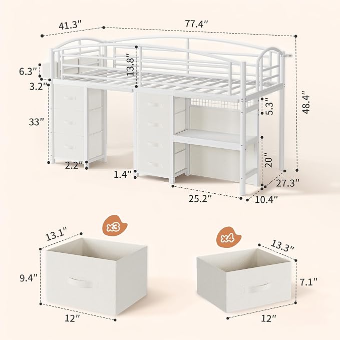 Low Loft Bed Twin Size with 7 Storage Drawers, Desk and LED Lights, Heavy Duty Metal Kids Loft Bed with 13.8" H Safety Guardrail, Anti-Collision Pad, Private Play Curtain, Under-Bed Play Space - Beige