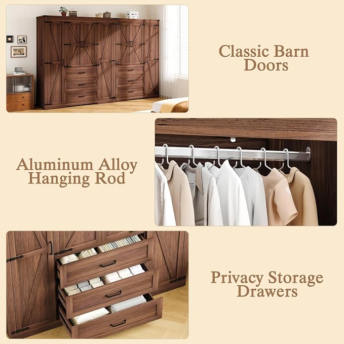 70" Tall Wardrobe Closet with 7 Doors & 6 Drawers, Farmhouse Armoire with Hanging Rod, Wooden Armoire Wardrobe Closet for Bedroom, Freestanding Clothing Storage Cabinet, Brown