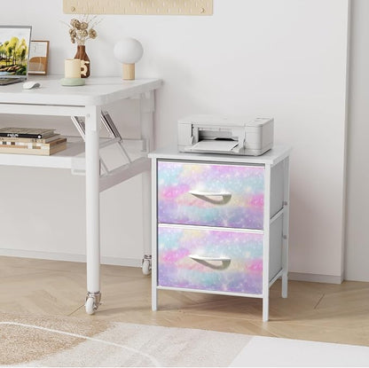 Stero Nightstand Set of 2, Kids Dresser with 2 Drawers, Steel Frame Bedside Furniture, Wood Top Fabric Night Stand, Colorful End Table for Home, Bedroom, Office, Tie-dye White
