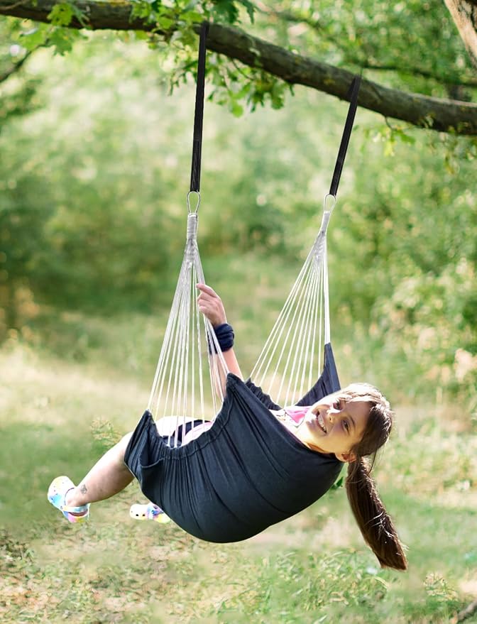 Chihee Hammock Chair Hanging Swing 2 Pillows Included,Strong Webbing Straps and Hooks for Easy Hanging Soft Cotton Hanging Chair Side Pocket Tassel Chair Comfort Indoor Outdoor Dark Grey