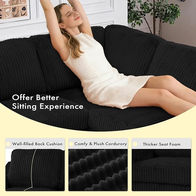 115 Inches Corduroy Sectional Sofa with Storage Ottoman, Modern 7 Seats Corner Couch with Deep Seat, Comfy Modular U Shaped Couch with Comfortable Cushions for Living Room, Black