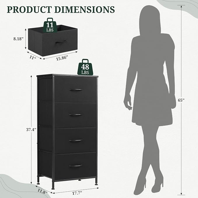 4 Drawers Dresser for Bedroom, Upgraded Fabric Storage Tower Organizer with Wooden Top and Steel Frame, Tall Chest of Drawers for Closet, Entryway, Dorm, Soft Black