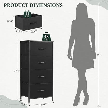 4 Drawers Dresser for Bedroom, Upgraded Fabric Storage Tower Organizer with Wooden Top and Steel Frame, Tall Chest of Drawers for Closet, Entryway, Dorm, Soft Black