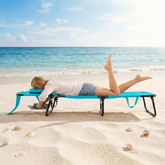 GYMAX Beach Lounge Chair, Sunbathing Chair Patio Lounge Chair Folding Adjustable Recliner with Hole for Face
