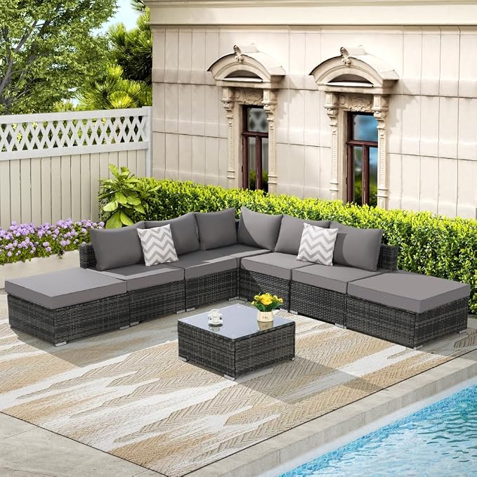 8 Pieces Outdoor Patio Sectional Sofa Couch,Wicker Furniture Conversation Sets with Washable Cushions & Glass Coffee Table for Garden, Poolside, Backyard