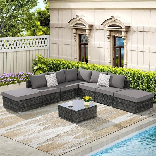 8 Pieces Outdoor Patio Sectional Sofa Couch,Wicker Furniture Conversation Sets with Washable Cushions & Glass Coffee Table for Garden, Poolside, Backyard