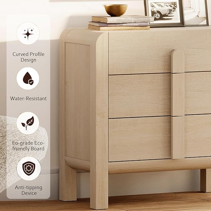 WAMPAT Beige Dresser for Bedroom, 47.2" W 6 Drawers Mid Century Modern Chest of Drawers, Wooden Dressers TV Stand with Curved Profile Design, Storage Organizer for Bedroom, Closet, Hallway