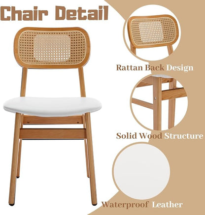 ROCITY Rattan Dining Chairs Set of 4 White Faux Leather Dining Room Chairs Natural Wooden Kitchen Chairs Farmhouse Side Chairs