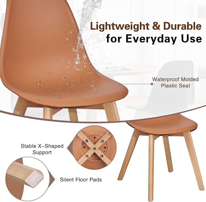 VECELO Dining Chairs Set of 4, Mid-Century Modern Kitchen & Dining Room Chairs, Molded Plastic Seat & Back, Solid Wood Legs, Armless, Non-Slip Feet, Orange